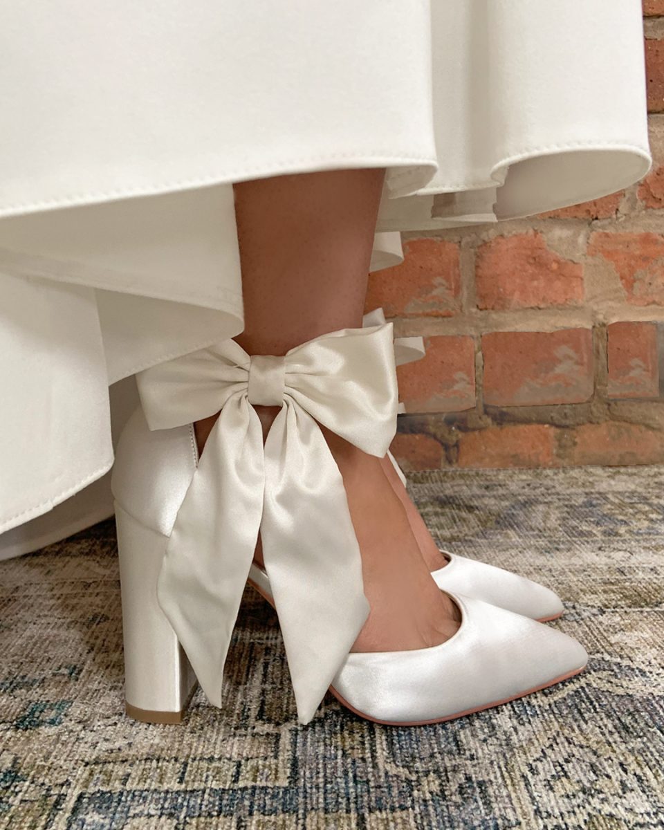 Arabella ivory satin wedding shoes with oversize bow