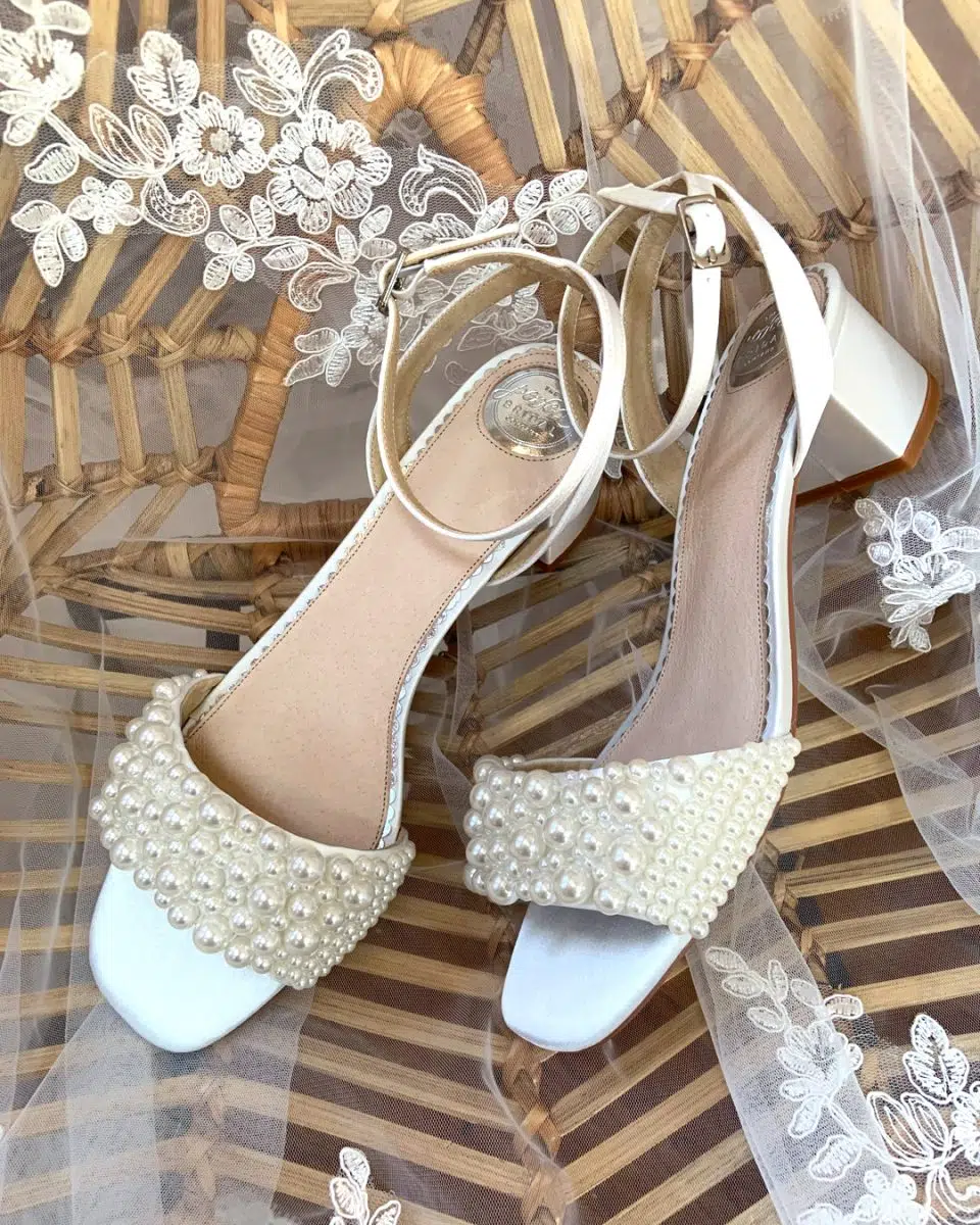 Pearl wedding shoes with white velvet heels for the whimsical, luxurious  bride