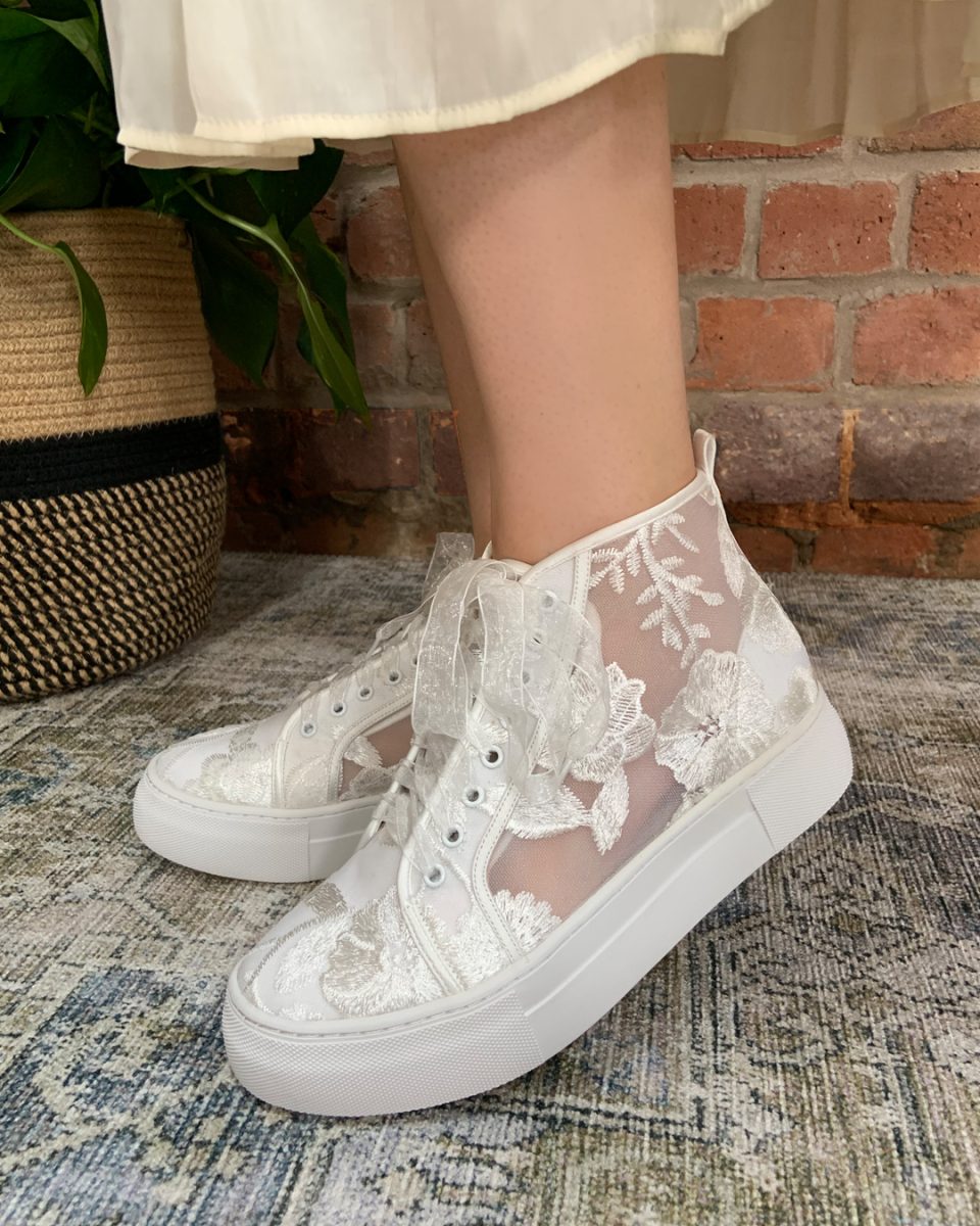 Cameron ivory lace bridal high top trainers